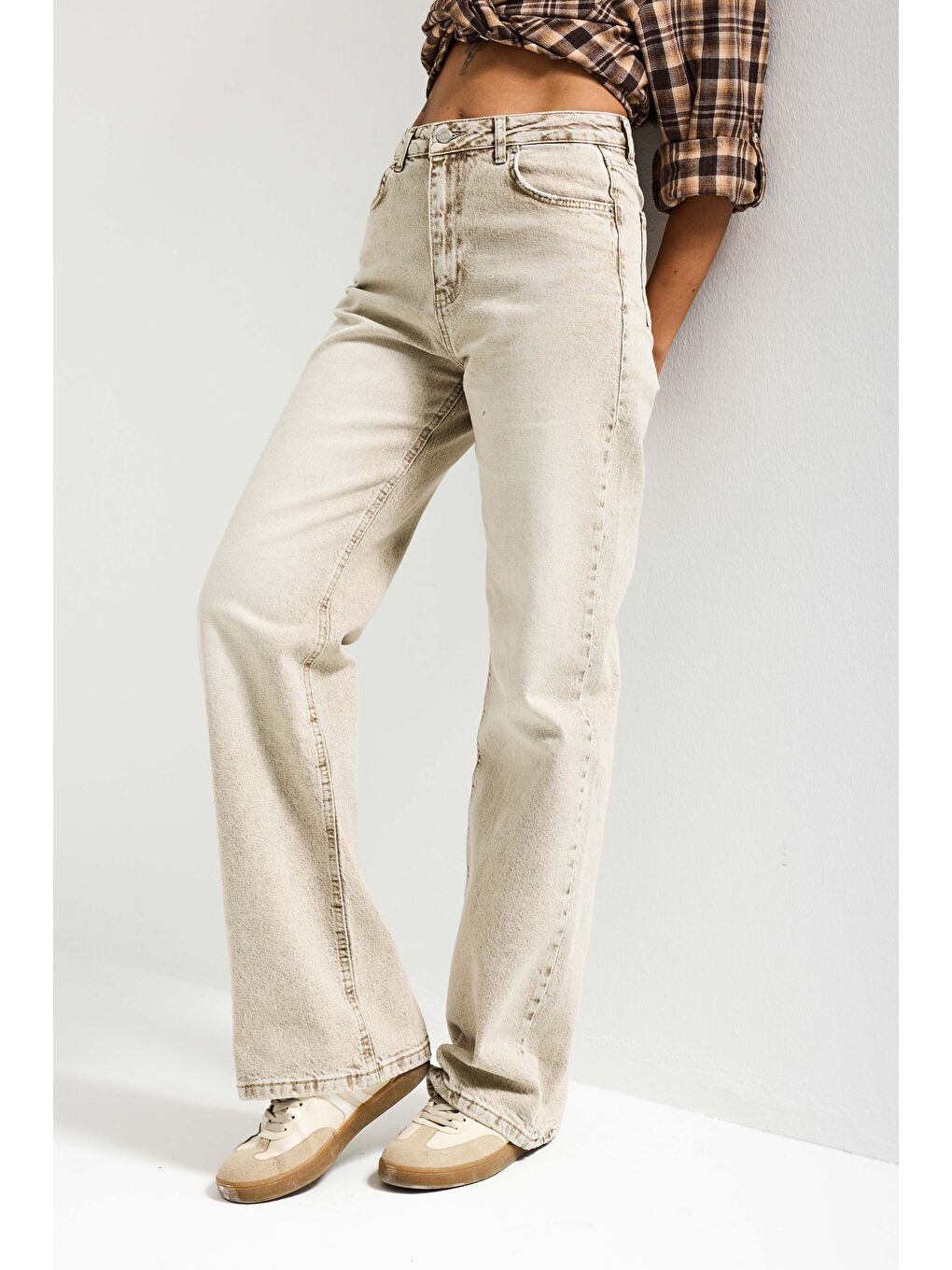 Bej Kadın Taş Renk 4s6-76 Straight Fit Yüksek Bel Komfort Kumaş Denim Jean