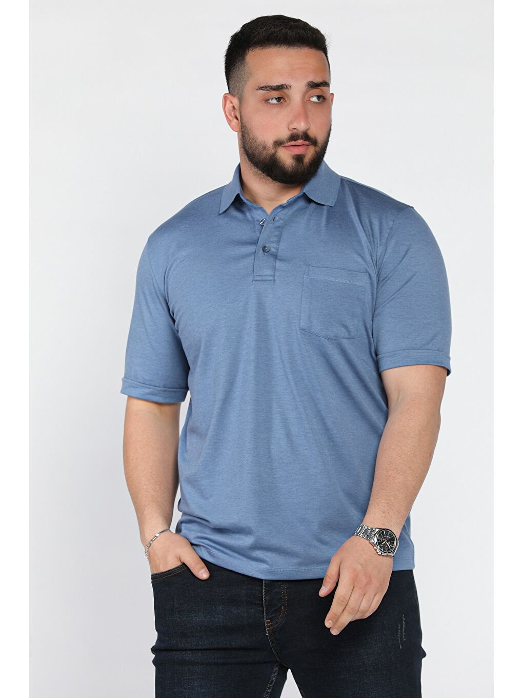 İndigo Polo Yaka Yarım Düğmeli Cepli Erkek Tişört