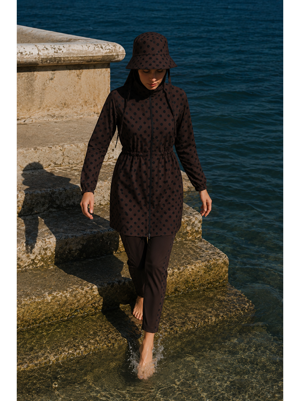 Kahverengi Pearl Dot | Siyah Puantiyeli Kahve Stoperli Tesettür Mayo 5 Li Set-2