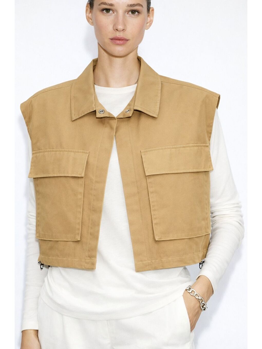 Kahverengi Büyük Torba Cepli Büzgülü Camel Pamuklu Yelek