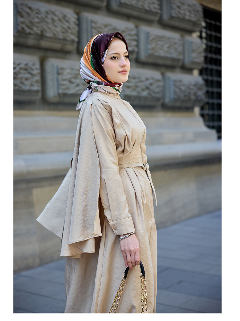 Ekru Kadın Pelerinli Elbise Krem-3