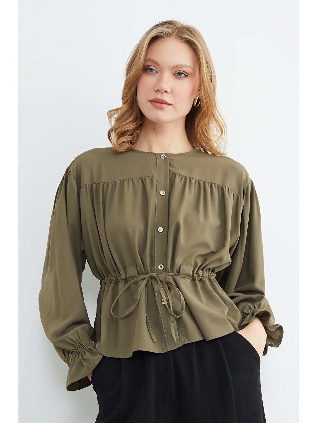 Haki Önü Bağlamalı Kolu Gipeli Salaş Gömlek-1