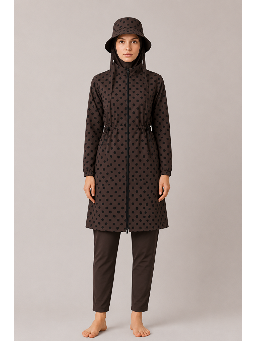 Kahverengi Pearl Dot | Siyah Puantiyeli Kahve Stoperli Tesettür Mayo 5 Li Set-3