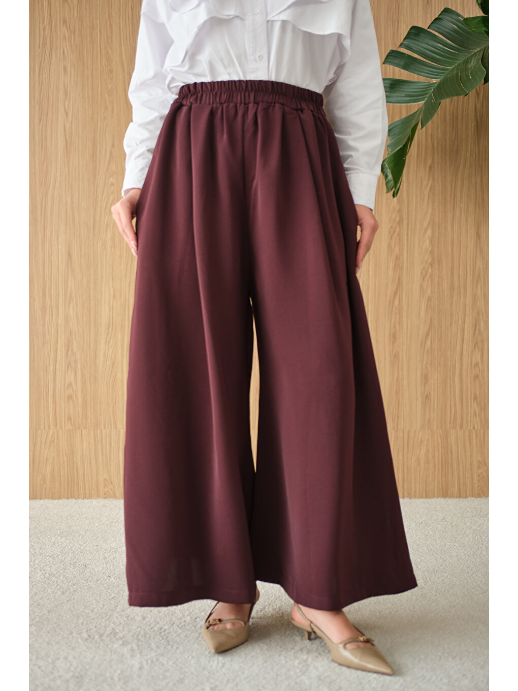 Kadın Beli Lastikli Bol Paça Kumaş Pantolon Mürdüm-3