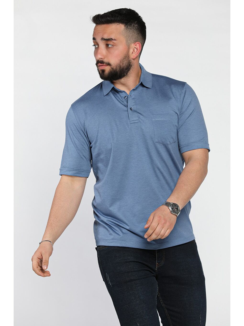 İndigo Polo Yaka Yarım Düğmeli Cepli Erkek Tişört-1