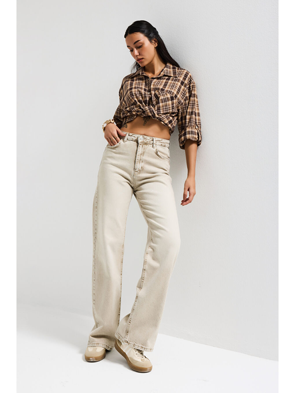 Bej Kadın Taş Renk 4s6-76 Straight Fit Yüksek Bel Komfort Kumaş Denim Jean-1