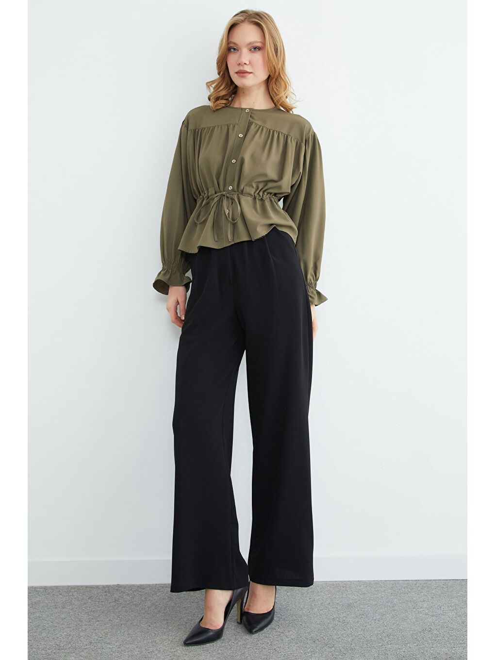 Haki Önü Bağlamalı Kolu Gipeli Salaş Gömlek-2