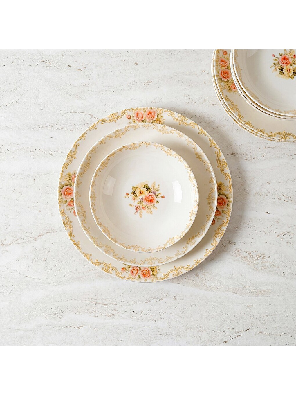 Ekru Pembe Vintage Çiçek Desenli 12 Parça 4 Kişilik Yemek Takımı-3