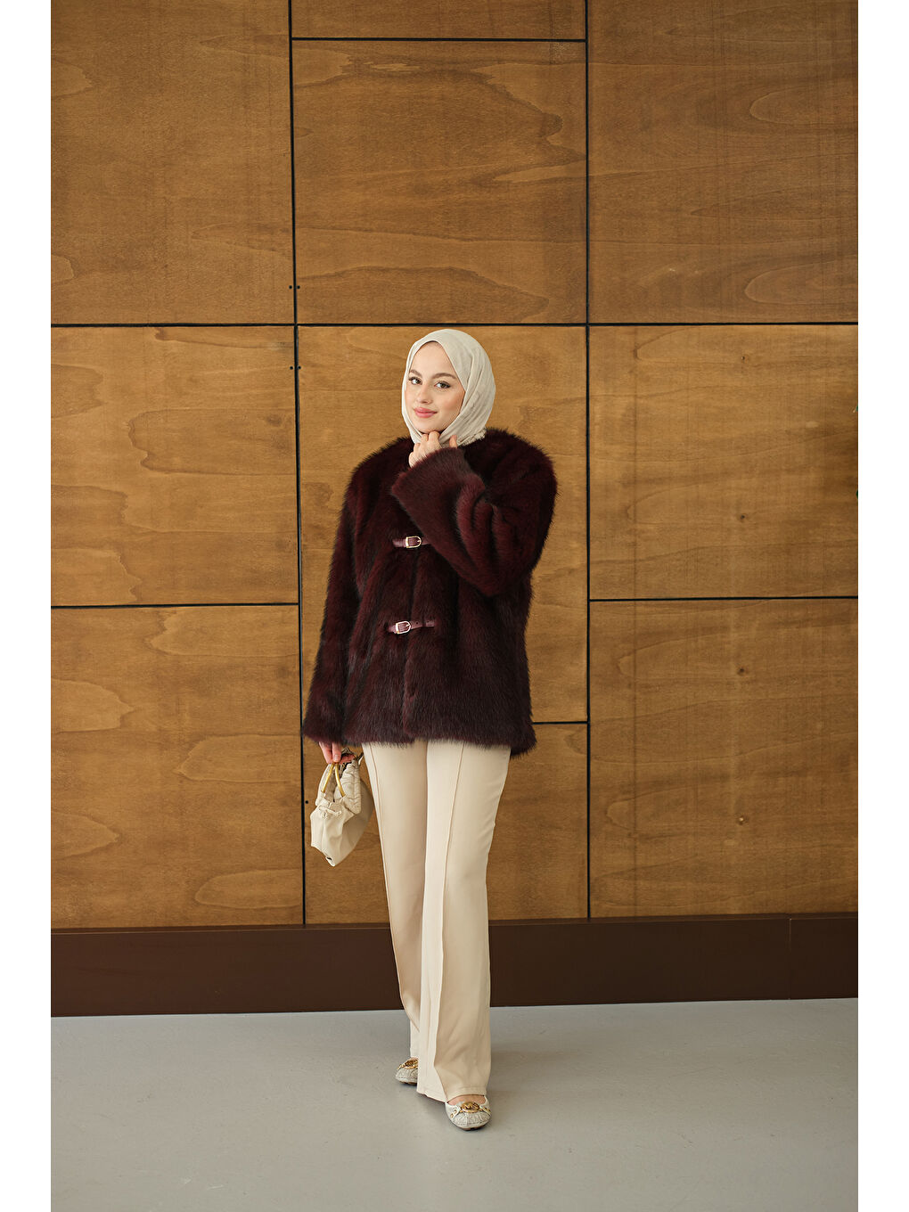 Kadın Deri Kemer Tüylü Uzun Kaban Bordo-1