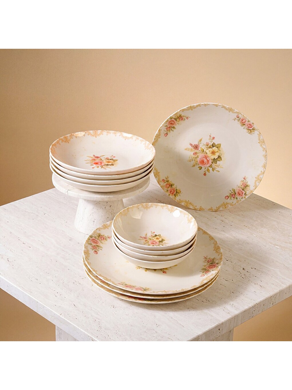 Ekru Pembe Vintage Çiçek Desenli 12 Parça 4 Kişilik Yemek Takımı-4