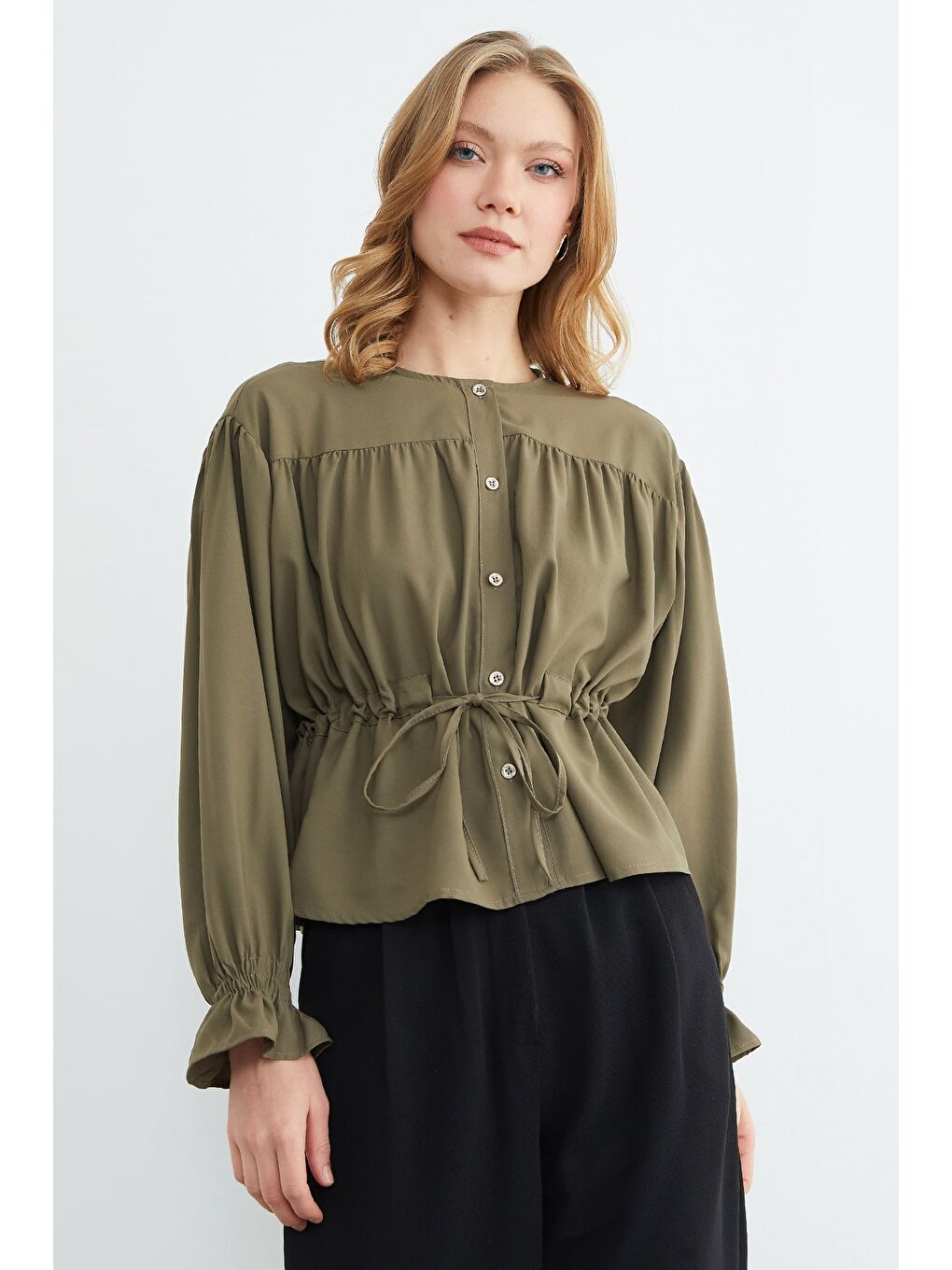 Haki Önü Bağlamalı Kolu Gipeli Salaş Gömlek-3