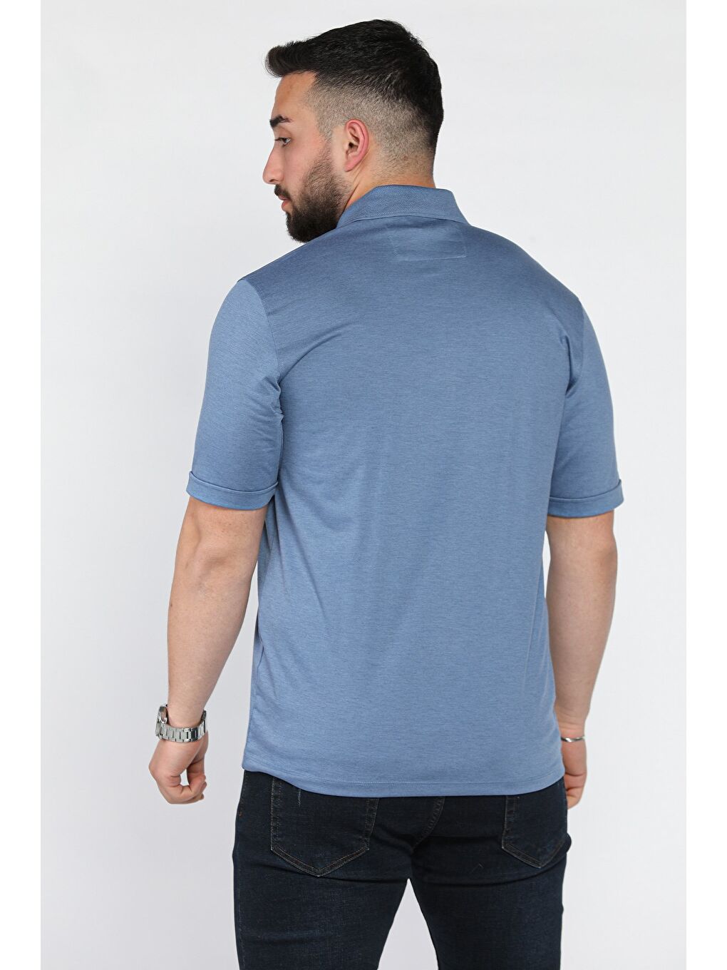 İndigo Polo Yaka Yarım Düğmeli Cepli Erkek Tişört-2