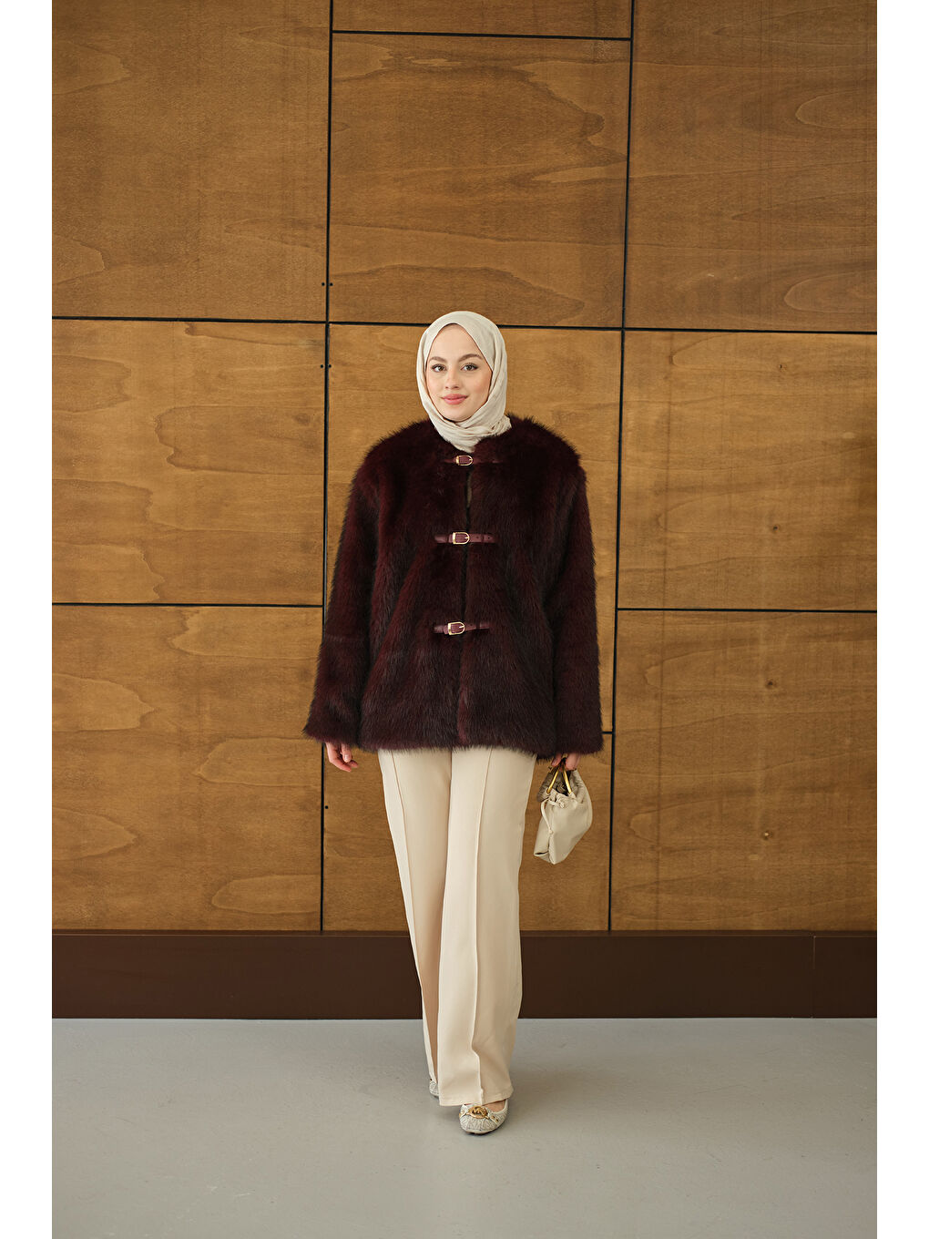 Kadın Deri Kemer Tüylü Uzun Kaban Bordo-2