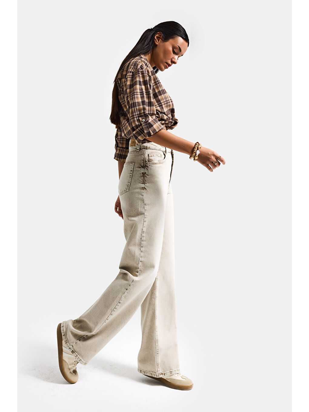 Bej Kadın Taş Renk 4s6-76 Straight Fit Yüksek Bel Komfort Kumaş Denim Jean-2