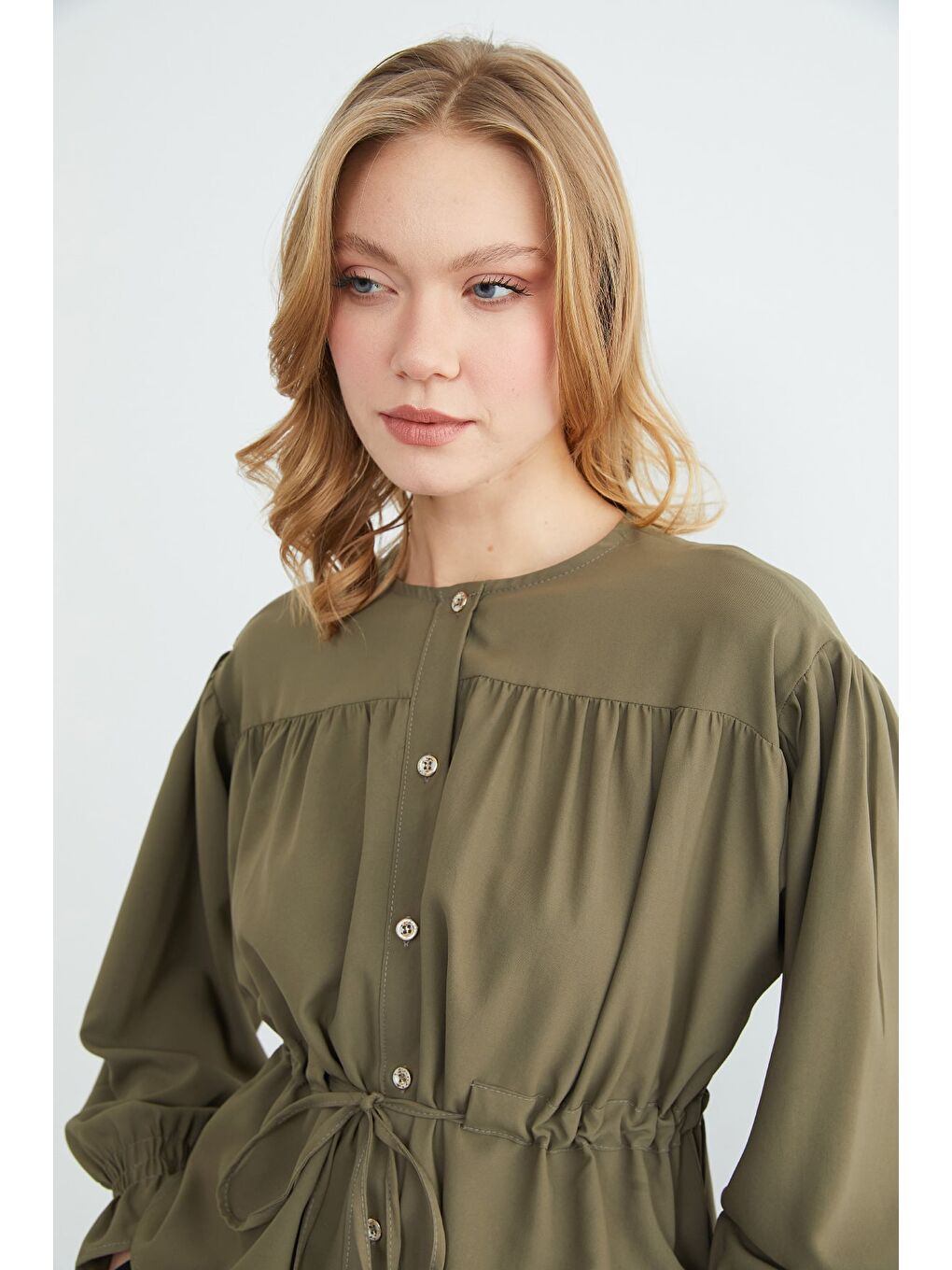 Haki Önü Bağlamalı Kolu Gipeli Salaş Gömlek-4