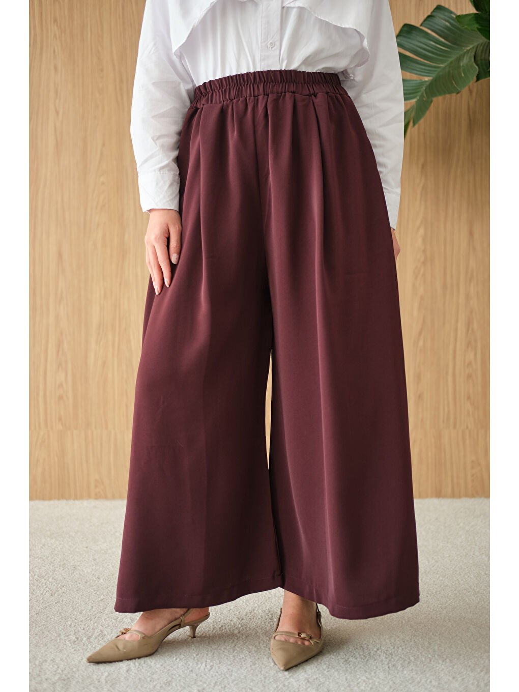 Kadın Beli Lastikli Bol Paça Kumaş Pantolon Mürdüm-4