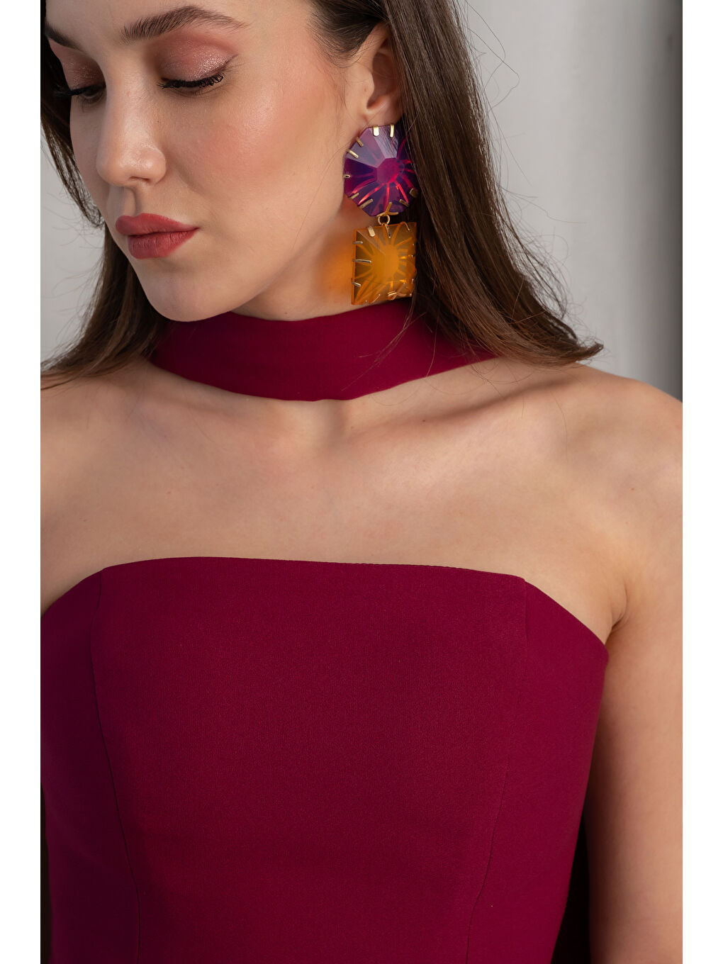 Kadın Mürdüm Dar Kalıp Şal Yaka Detay Uzun Abiye Elbise-4