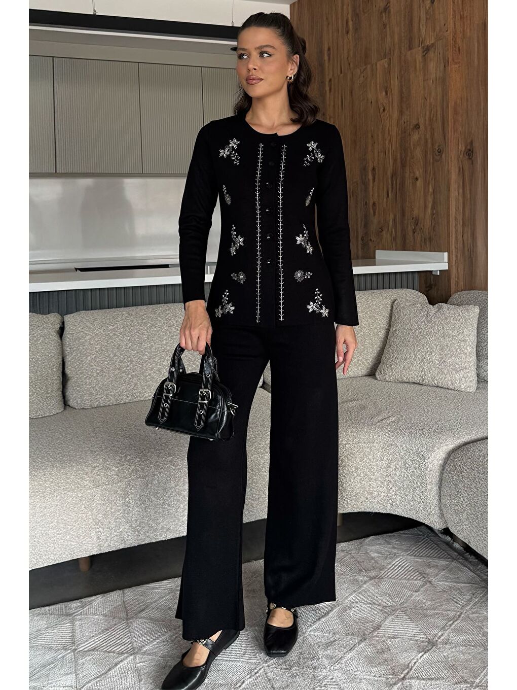 Siyah Kadın Taşlı Triko Hırka Pantolon İkili Takım