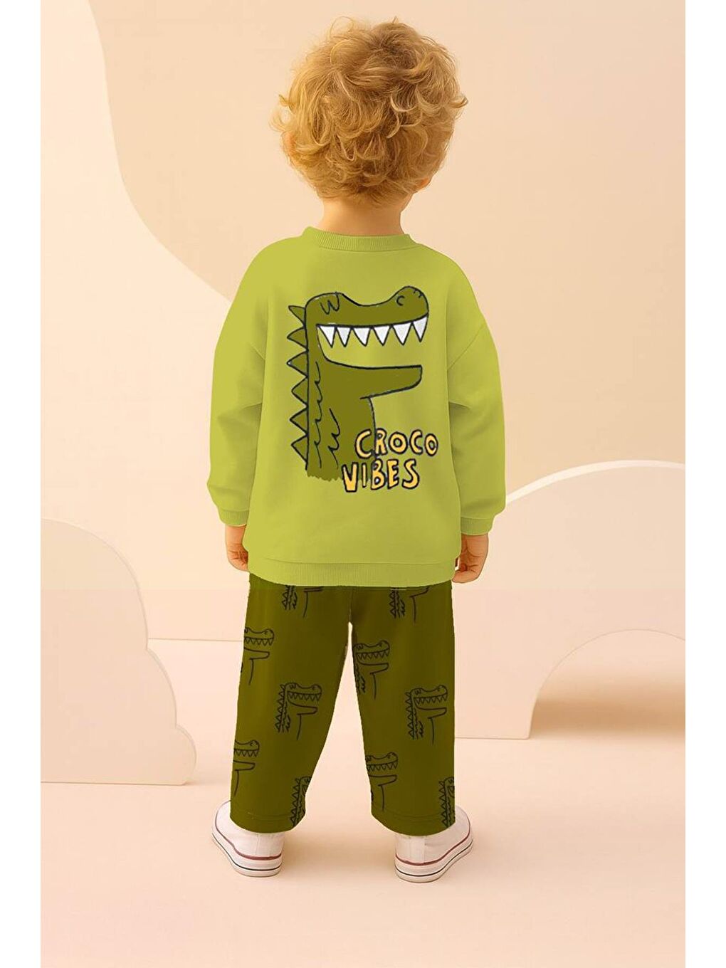 Yeşil Erkek Çocuk Timsah Baskılı 3 İplik Pamuklu Kumaş Alt Üst Takım-1