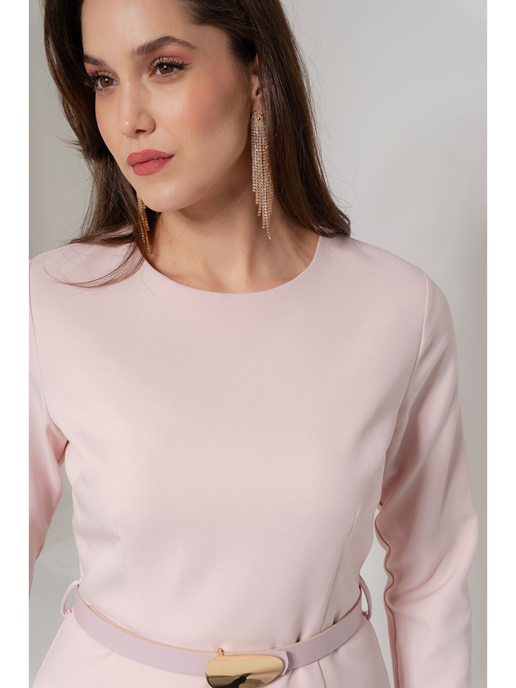 Pembe Kadın Pudra Kemerli Midi Abiye Elbise-4