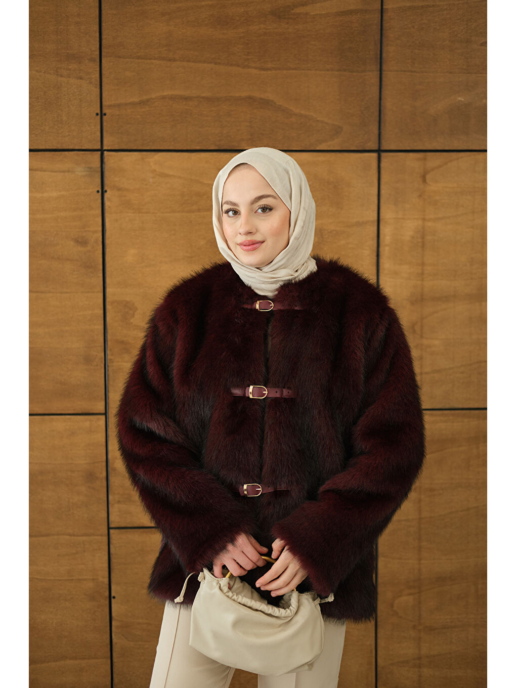 Kadın Deri Kemer Tüylü Uzun Kaban Bordo-3