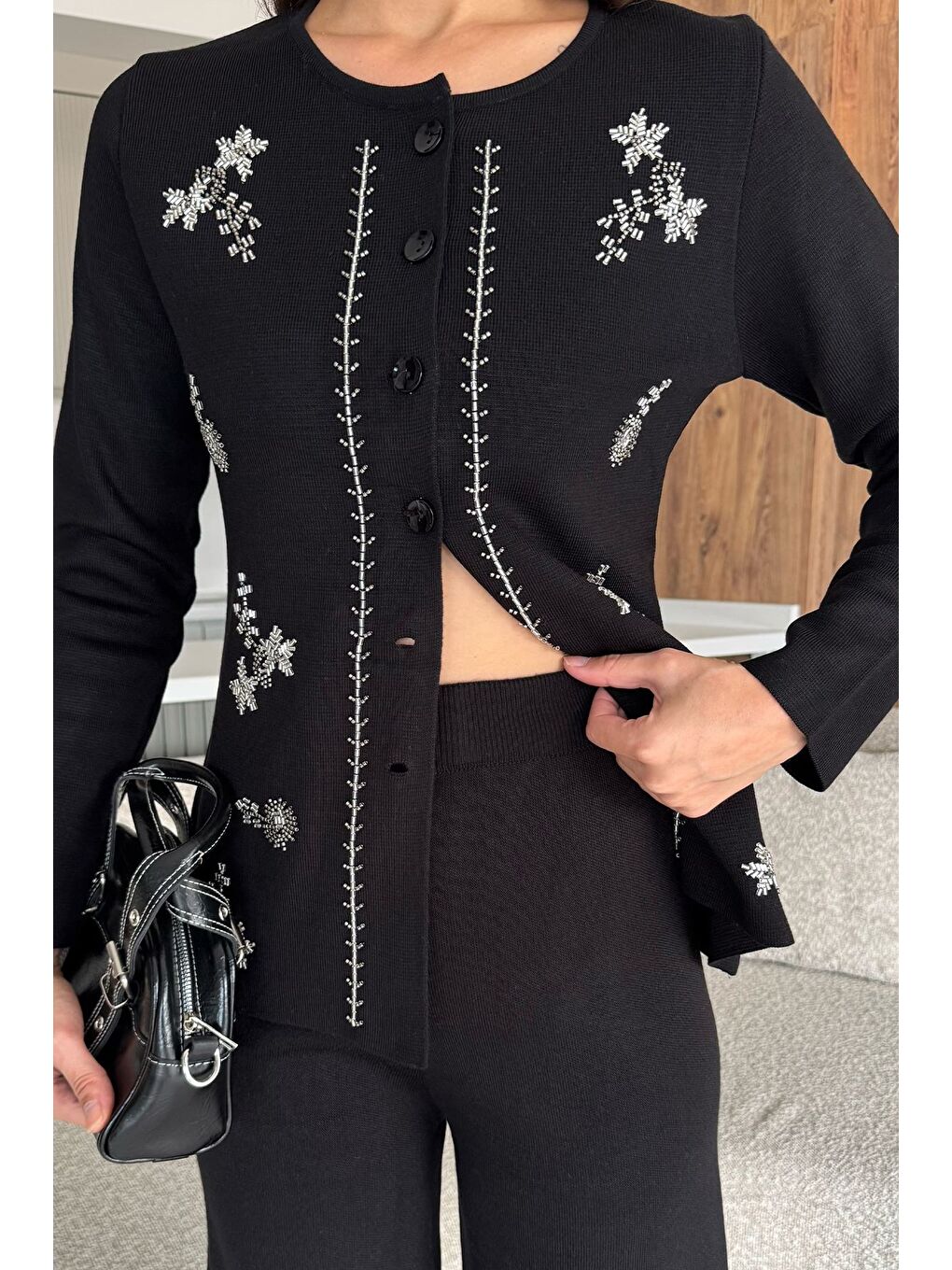 Siyah Kadın Taşlı Triko Hırka Pantolon İkili Takım-1