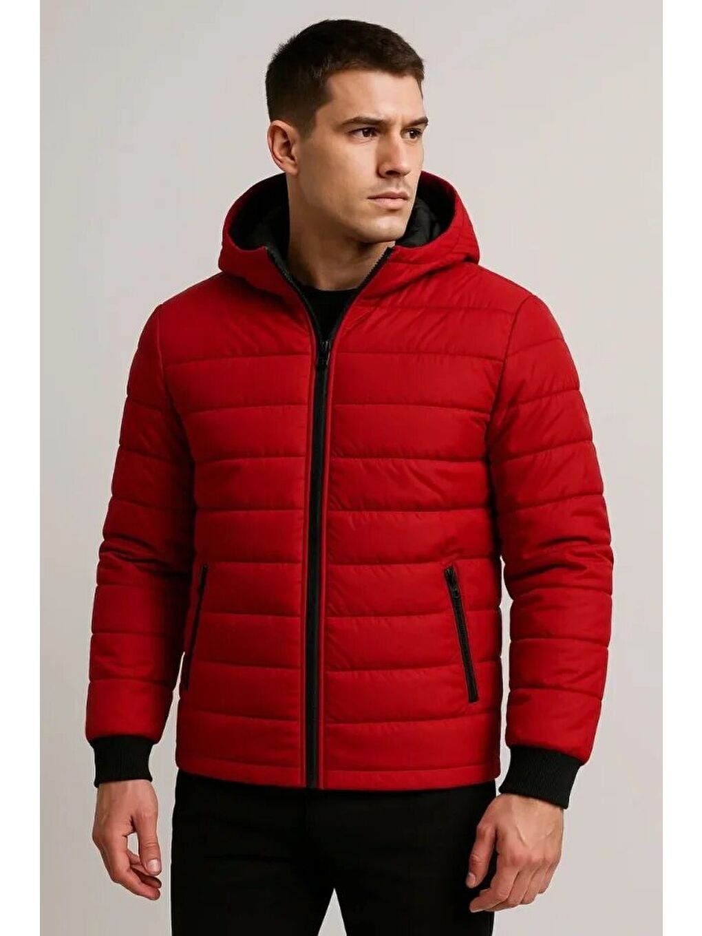 Kırmızı Erkek Şişme Kapüşonlu Fermuarlı Mont Su Itici