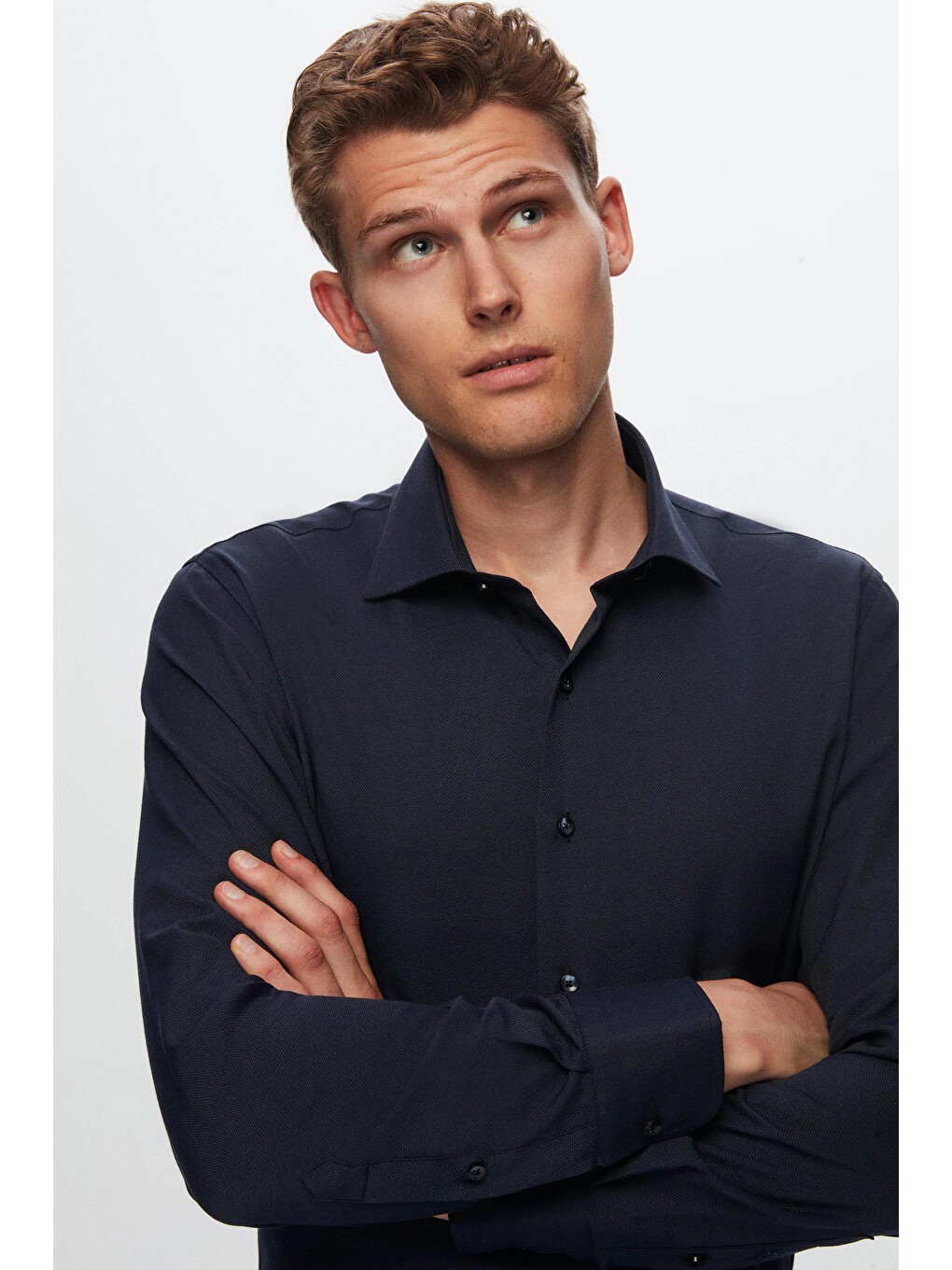 Slim Fit Lacivert Armürlü Gömlek-1