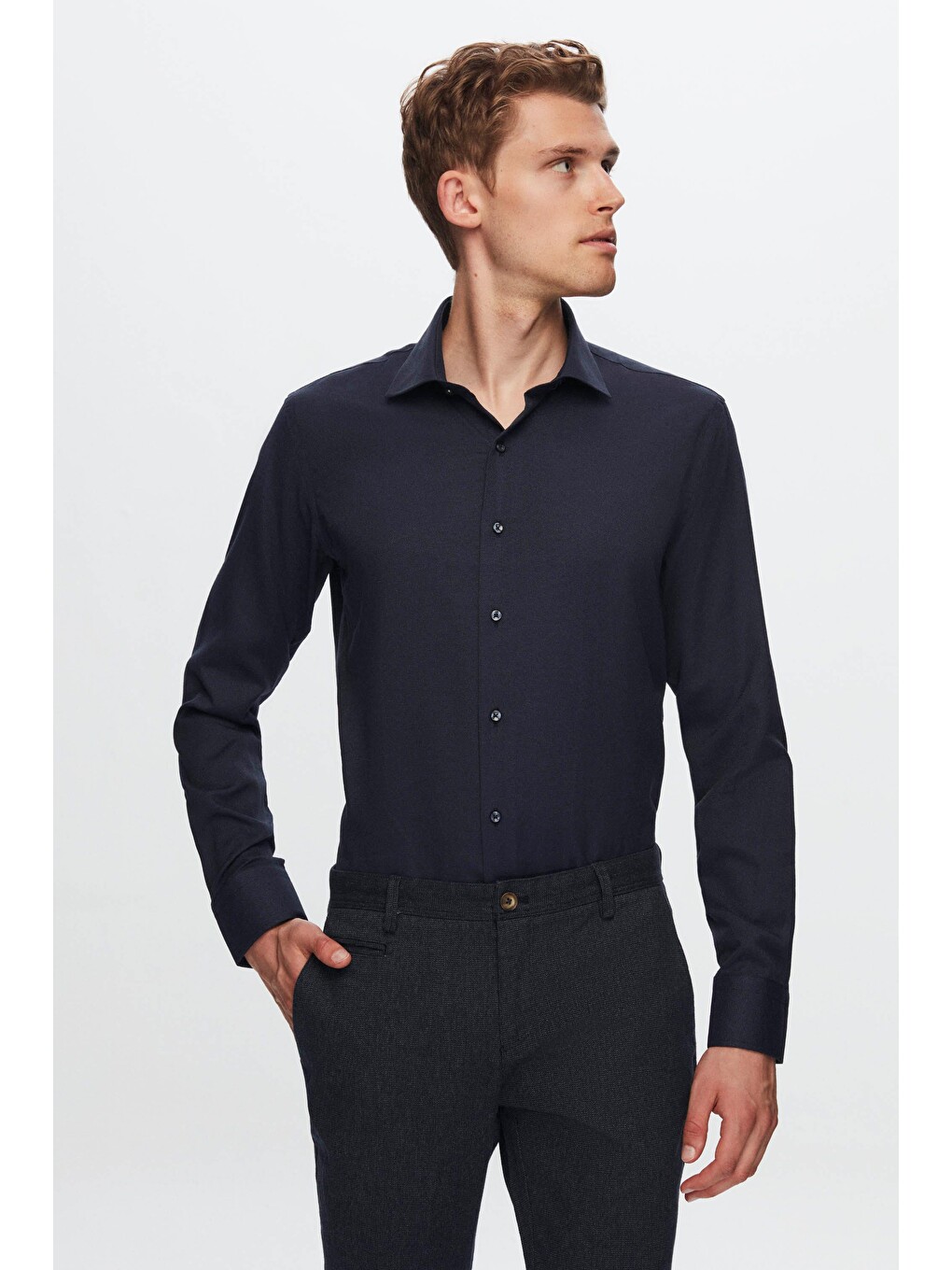Slim Fit Lacivert Armürlü Gömlek-2