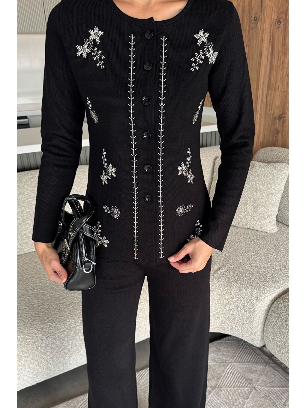 Siyah Kadın Taşlı Triko Hırka Pantolon İkili Takım-2