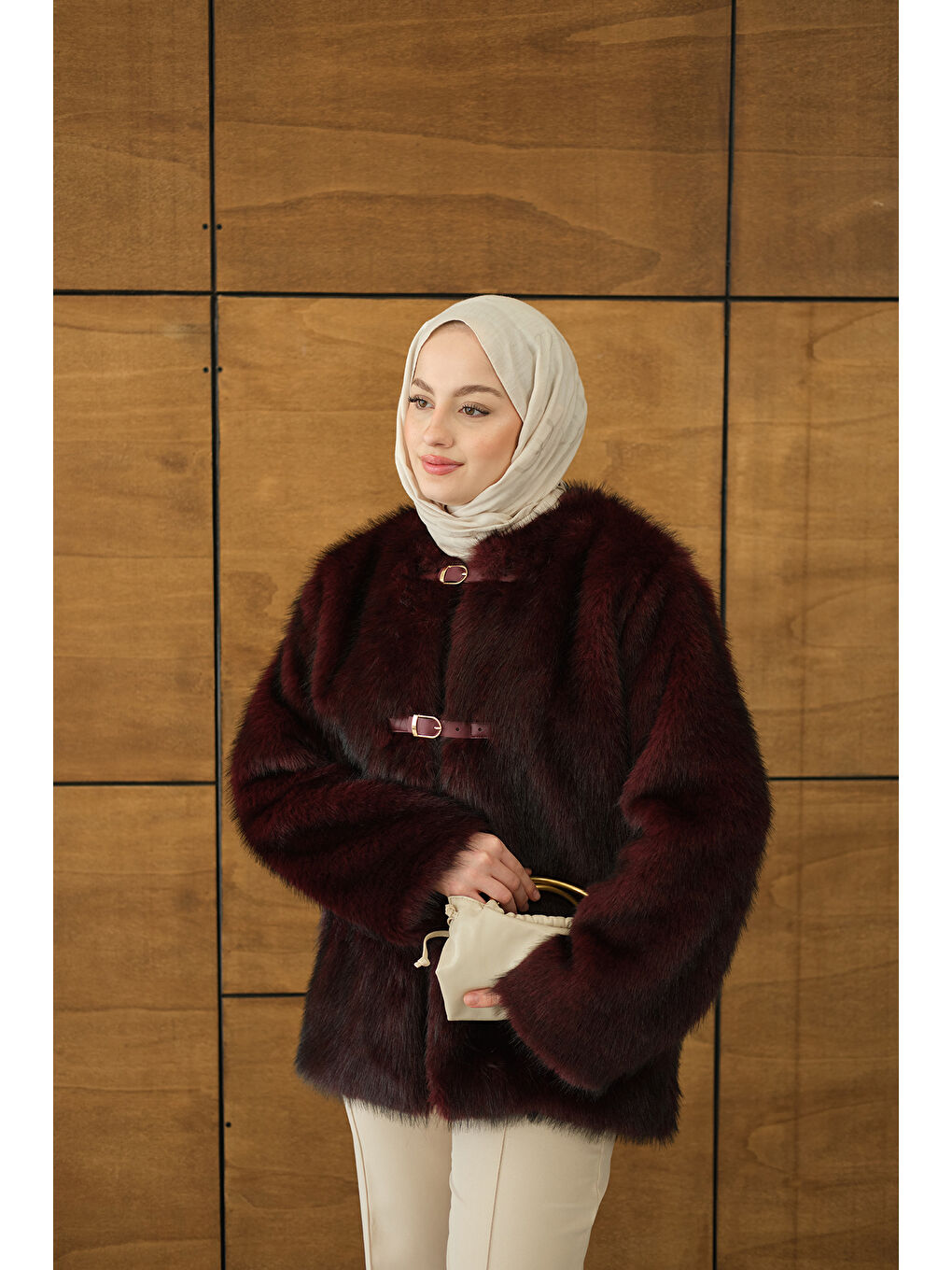 Kadın Deri Kemer Tüylü Uzun Kaban Bordo-4