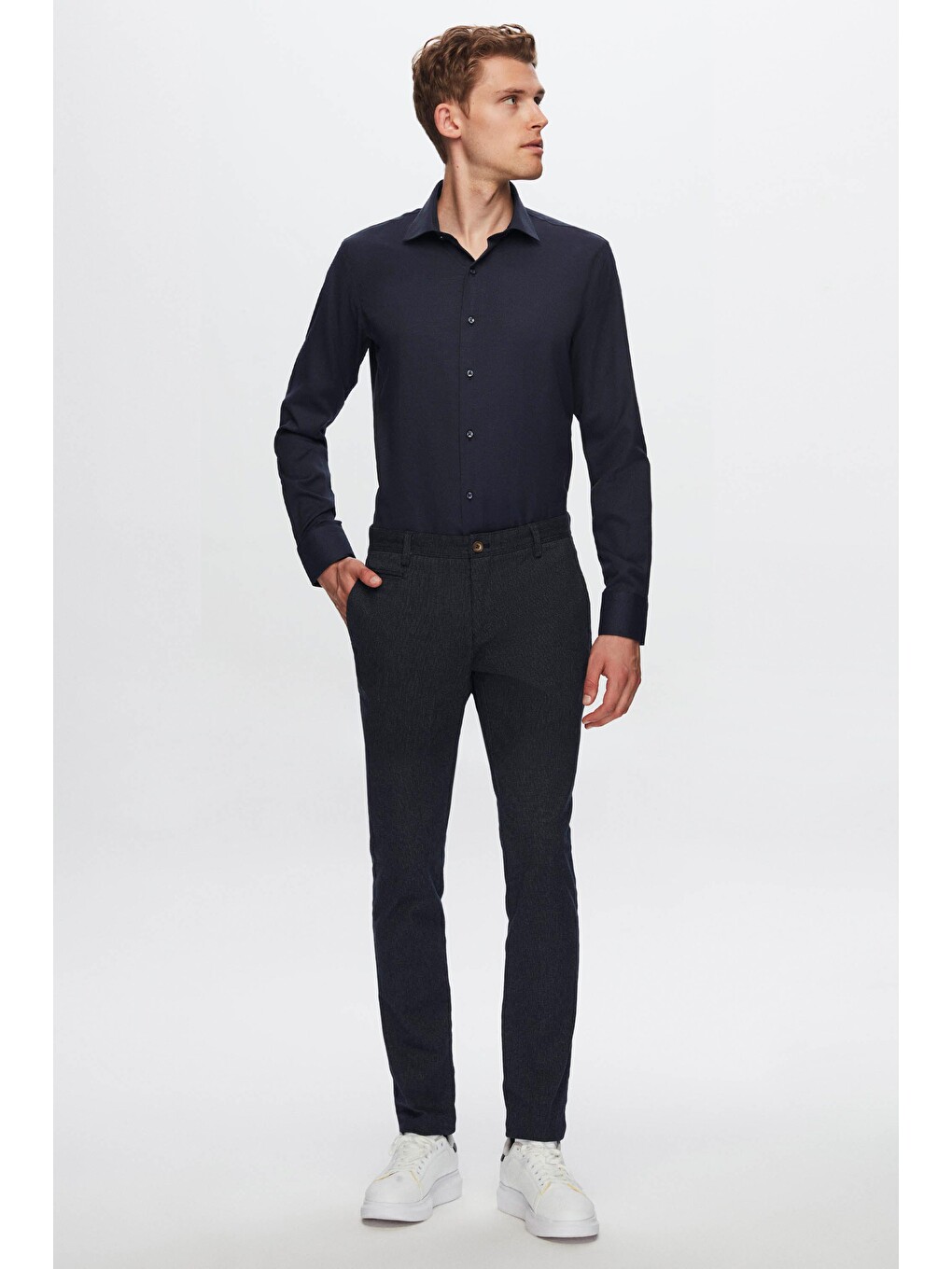 Slim Fit Lacivert Armürlü Gömlek-5