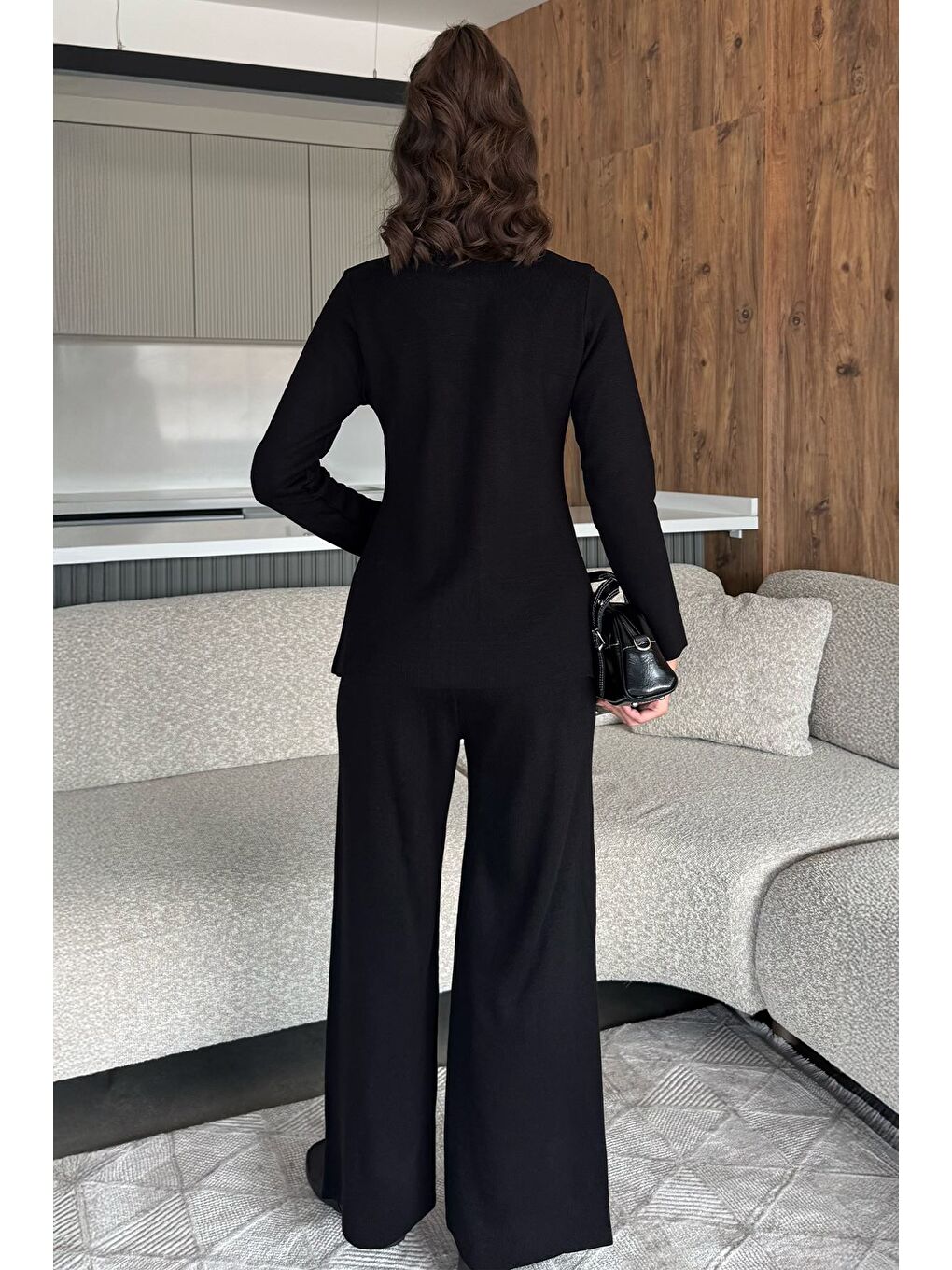 Siyah Kadın Taşlı Triko Hırka Pantolon İkili Takım-3