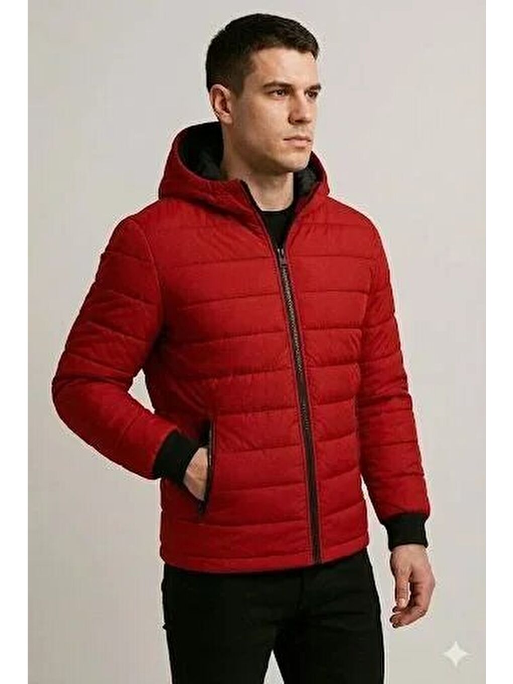 Kırmızı Erkek Şişme Kapüşonlu Fermuarlı Mont Su Itici-1