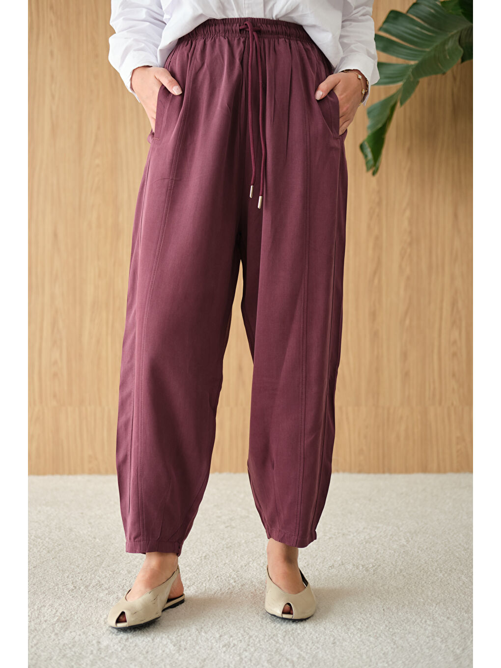 Kadın Şalvar Kesim Beli Ayarlanabilir Pantolon Mürdüm-1