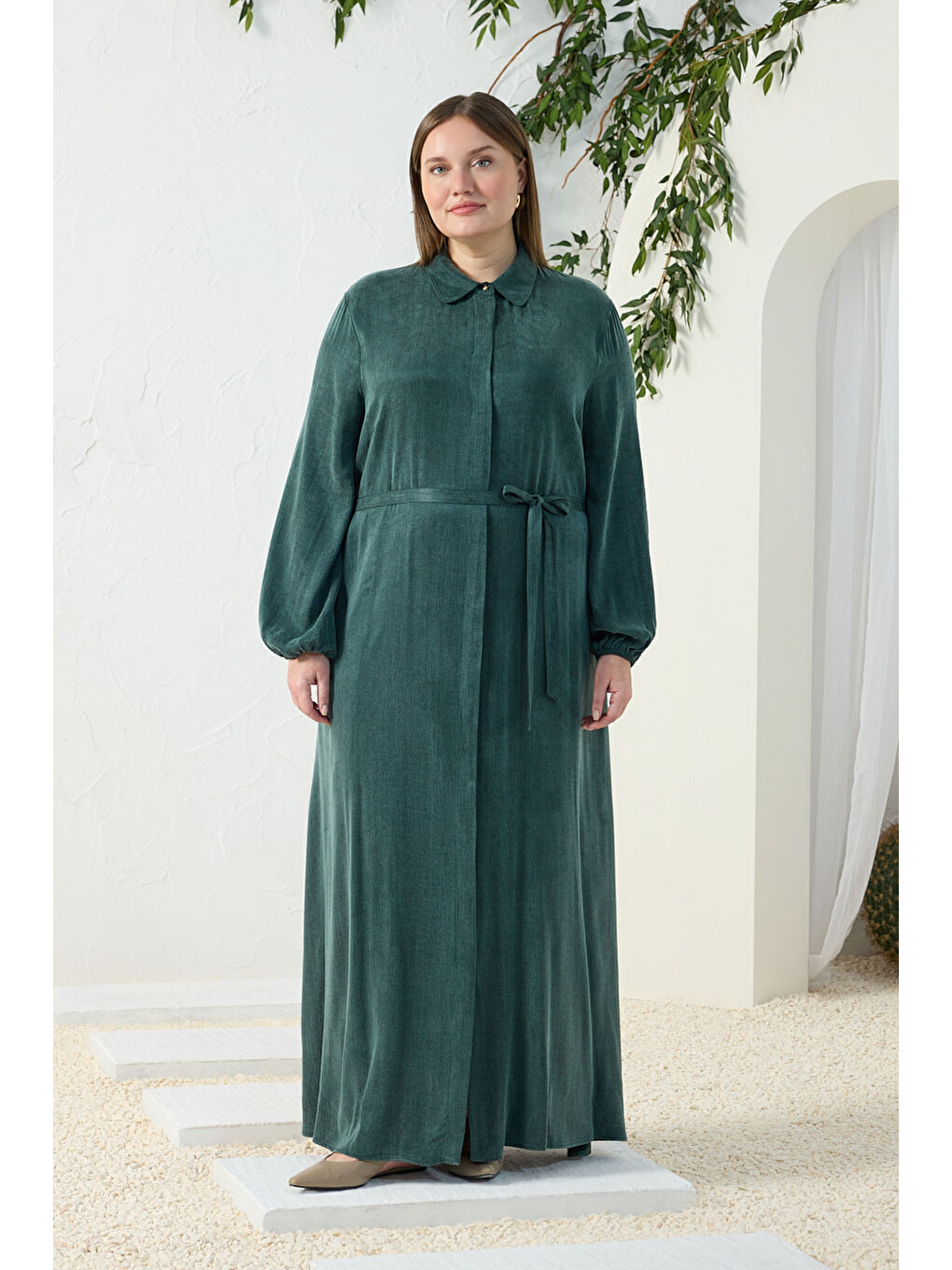 Yeşil Lastikli Gömlek Yaka Elbise-1