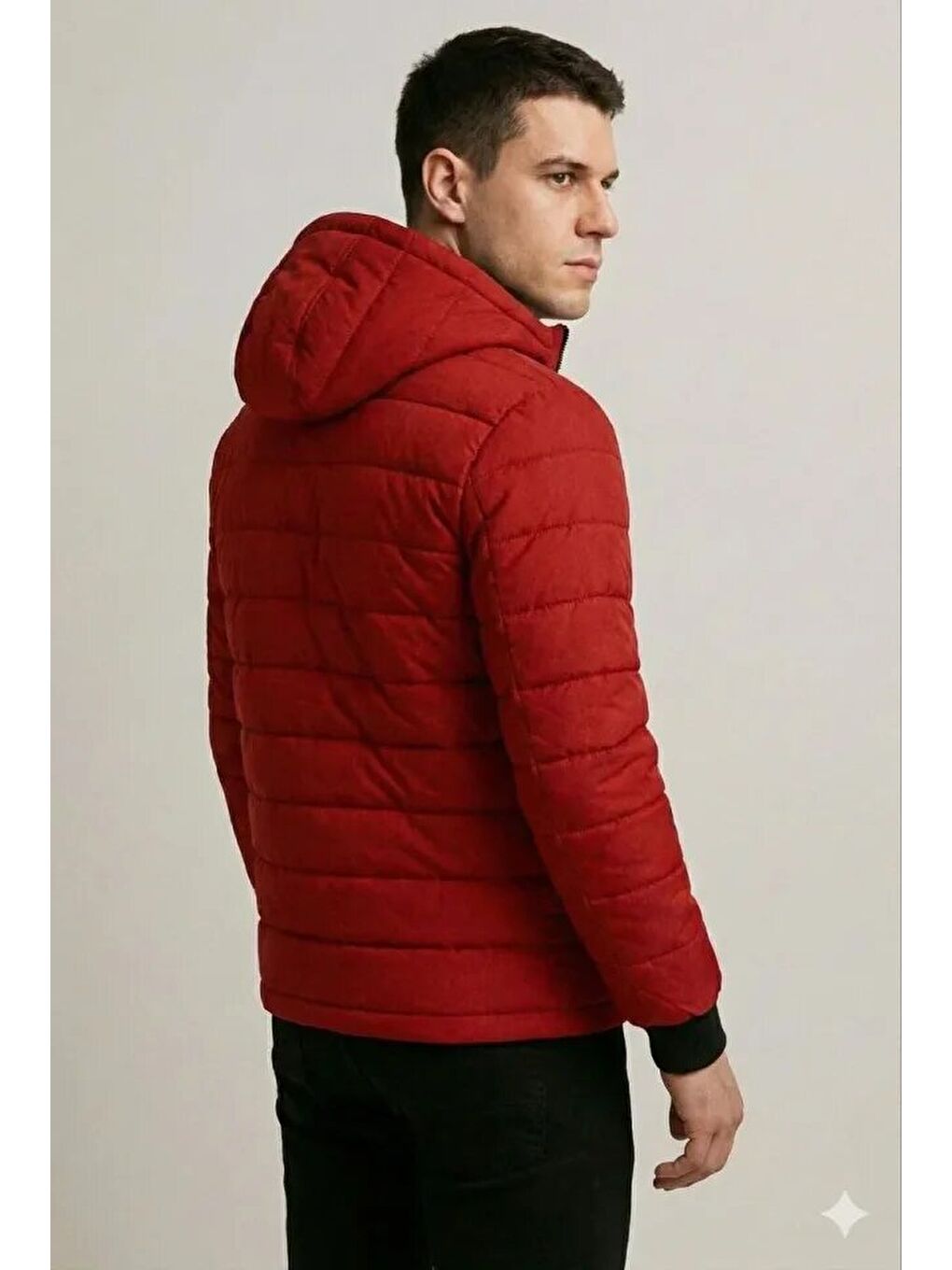 Kırmızı Erkek Şişme Kapüşonlu Fermuarlı Mont Su Itici-2