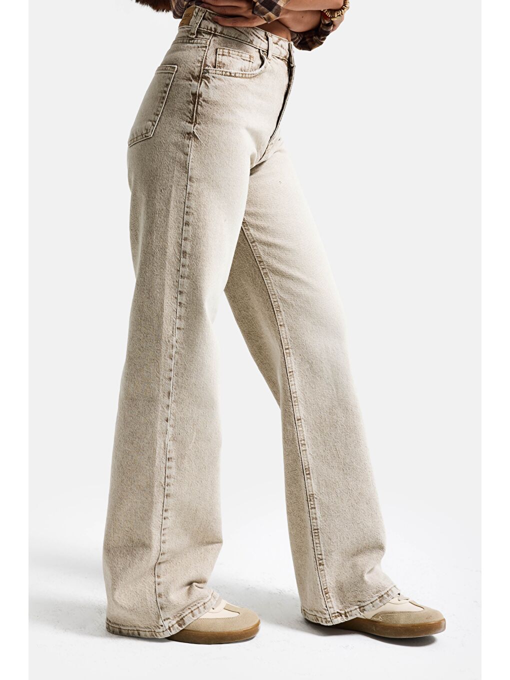 Bej Kadın Taş Renk 4s6-76 Straight Fit Yüksek Bel Komfort Kumaş Denim Jean-5