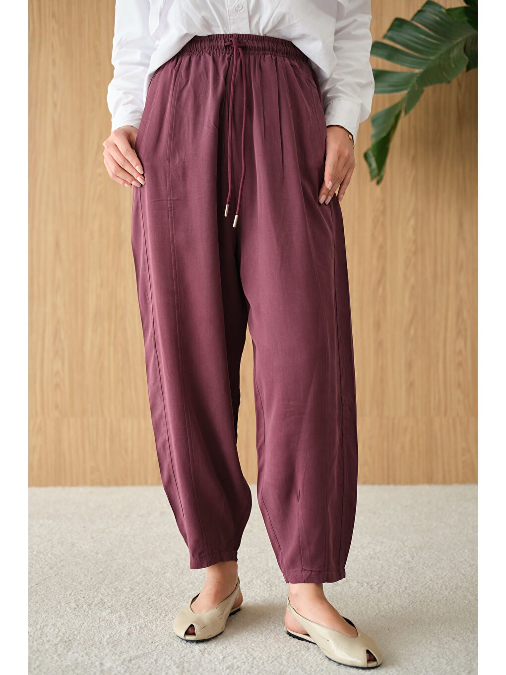 Kadın Şalvar Kesim Beli Ayarlanabilir Pantolon Mürdüm-2