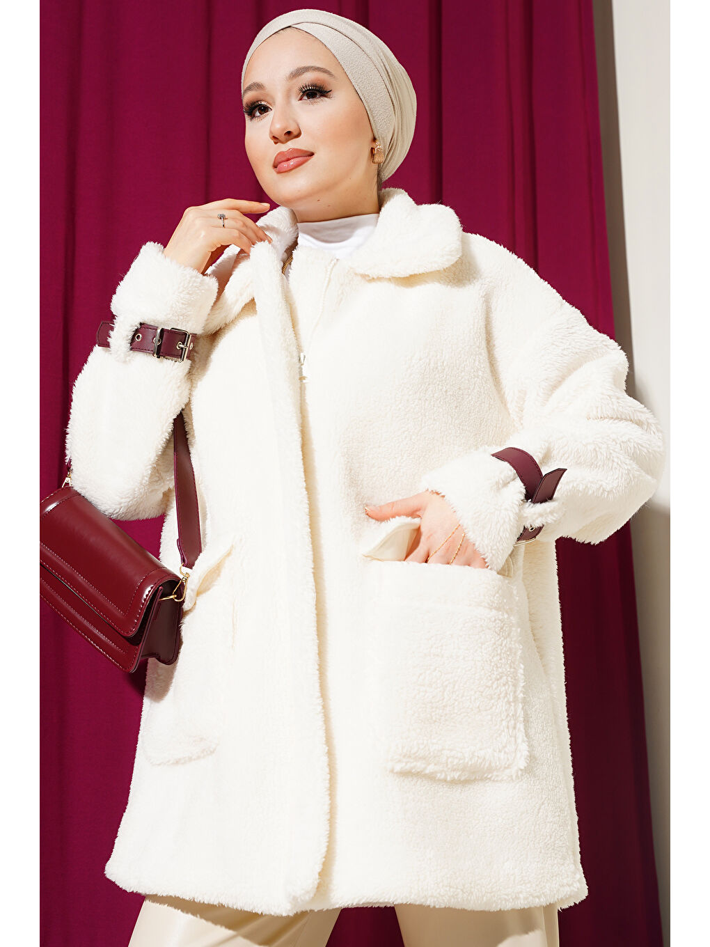 5206 Kadın Oversize Pelüş Mont   Mürdüm