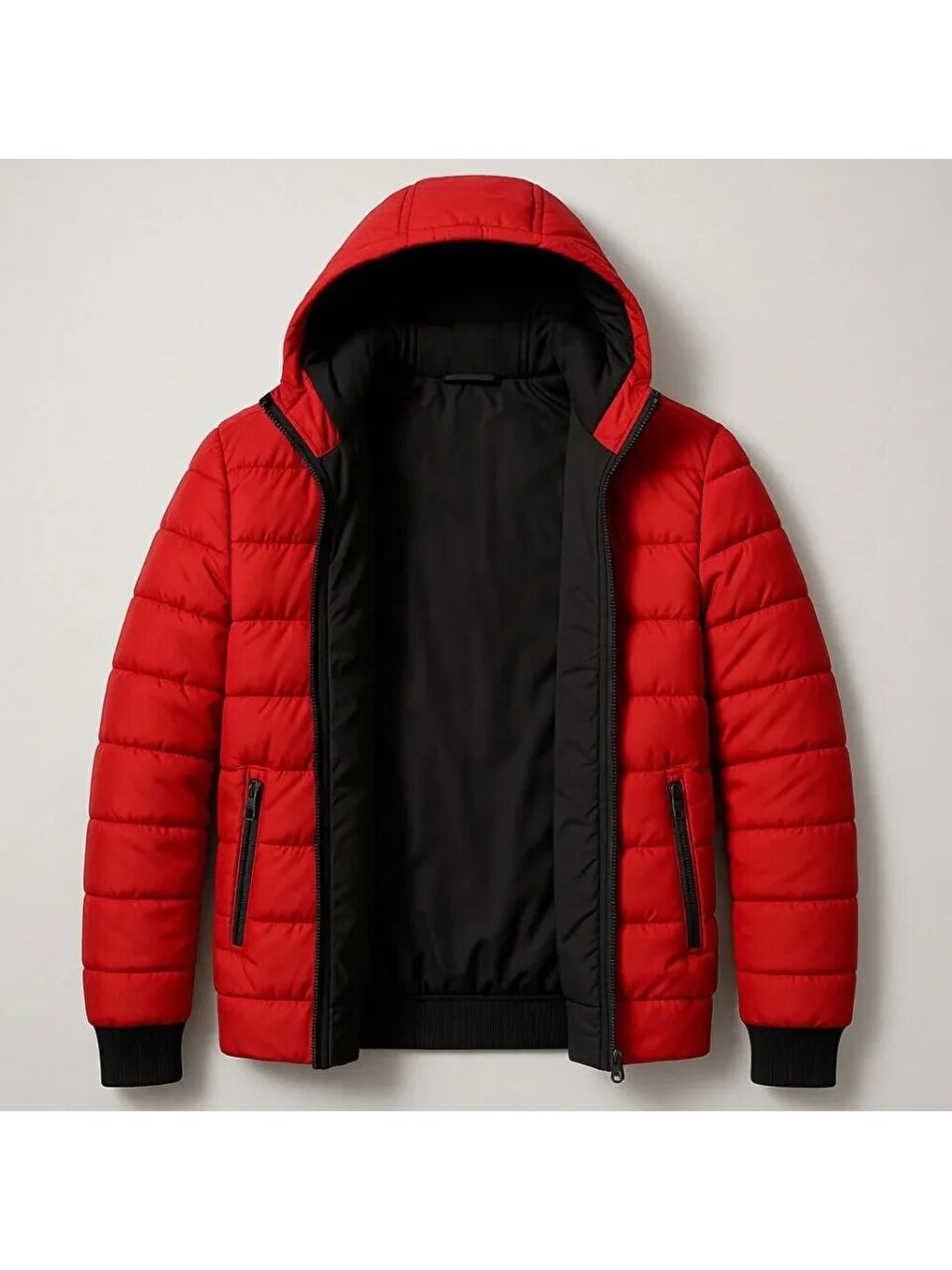 Kırmızı Erkek Şişme Kapüşonlu Fermuarlı Mont Su Itici-3