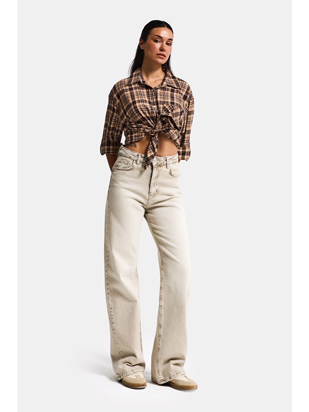 Bej Kadın Taş Renk 4s6-76 Straight Fit Yüksek Bel Komfort Kumaş Denim Jean-6