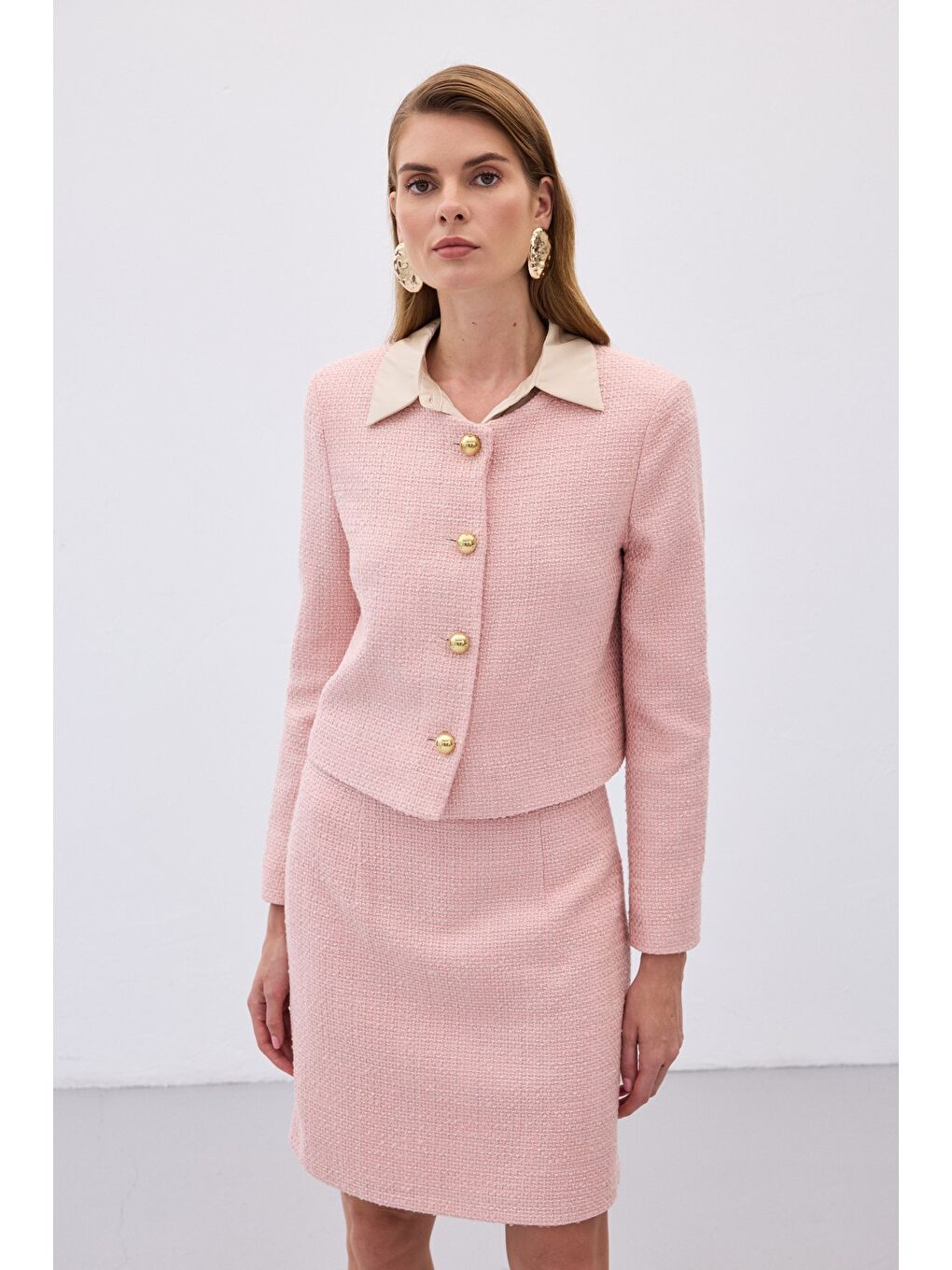 Pembe Kısa Tüvit Ceket - Pudra-3
