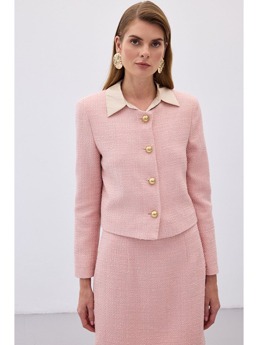 Pembe Kısa Tüvit Ceket - Pudra-4