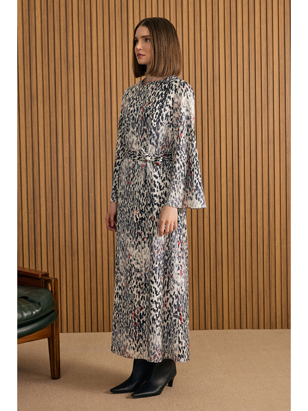 Siyah Leopar Desenli Elbise-4