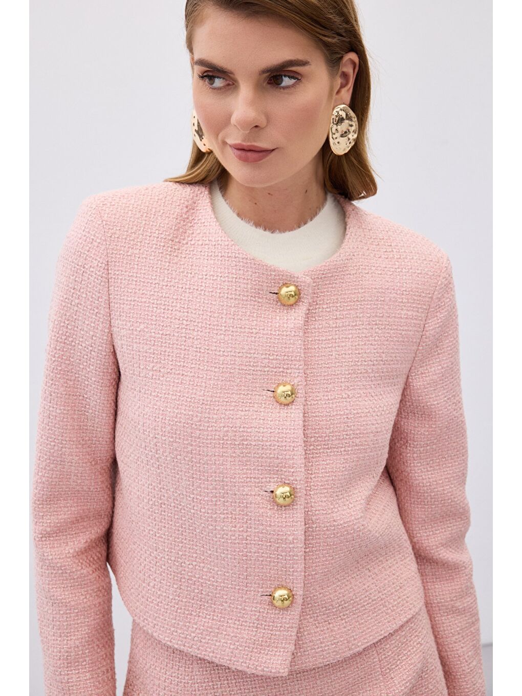 Pembe Kısa Tüvit Ceket - Pudra-5