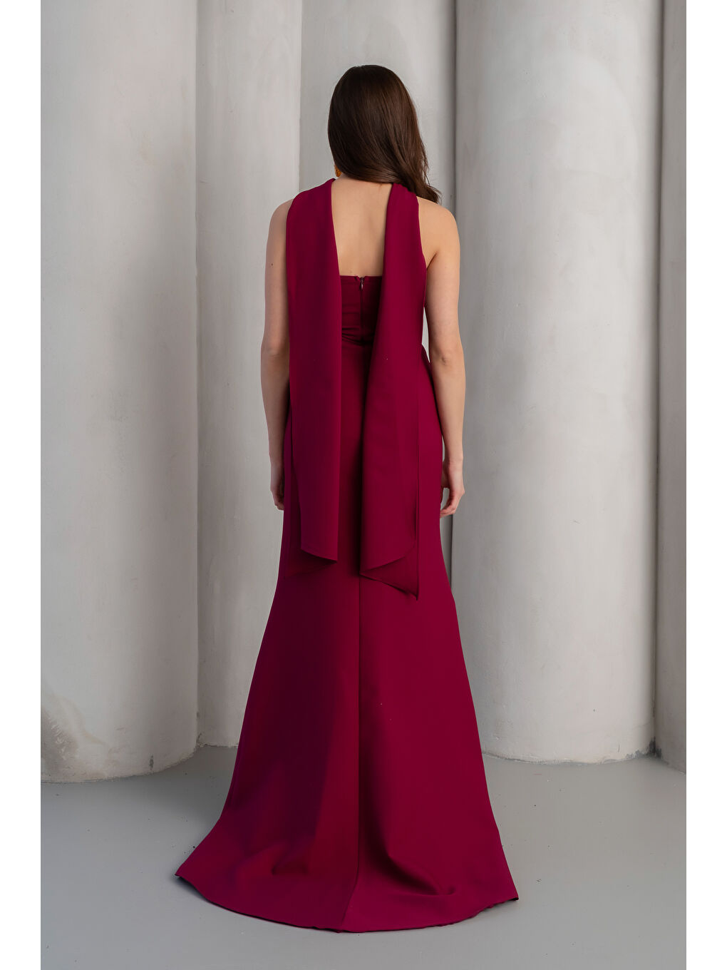 Kadın Mürdüm Dar Kalıp Şal Yaka Detay Uzun Abiye Elbise-5