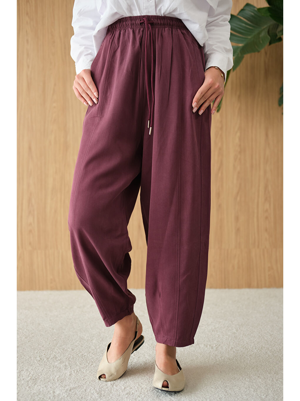 Kadın Şalvar Kesim Beli Ayarlanabilir Pantolon Mürdüm-3