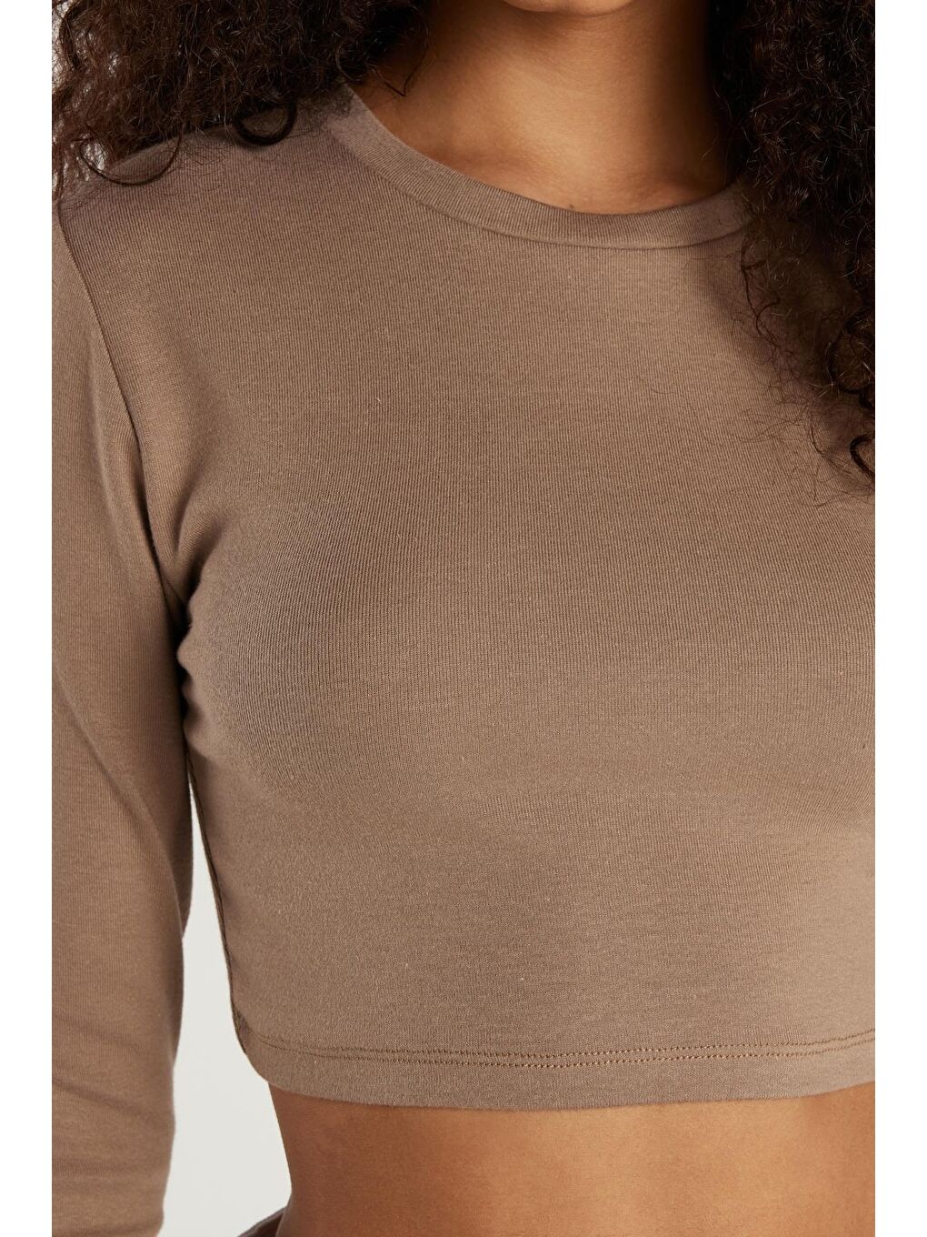 Kahverengi Kadın Slim Fit Modal Kumaş Pamuklu Bisiklet Yaka Vizon Bluz-2