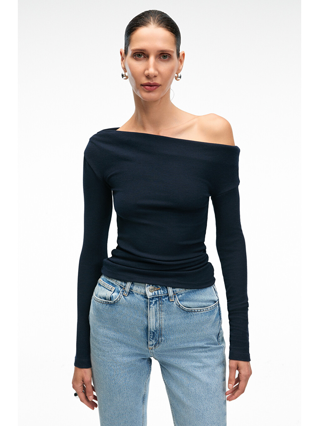 Olıvıenn Kadın Omuzu Açık Asimetrik Yakalı Uzun Kollu Slim Fit Lacivert Bluz